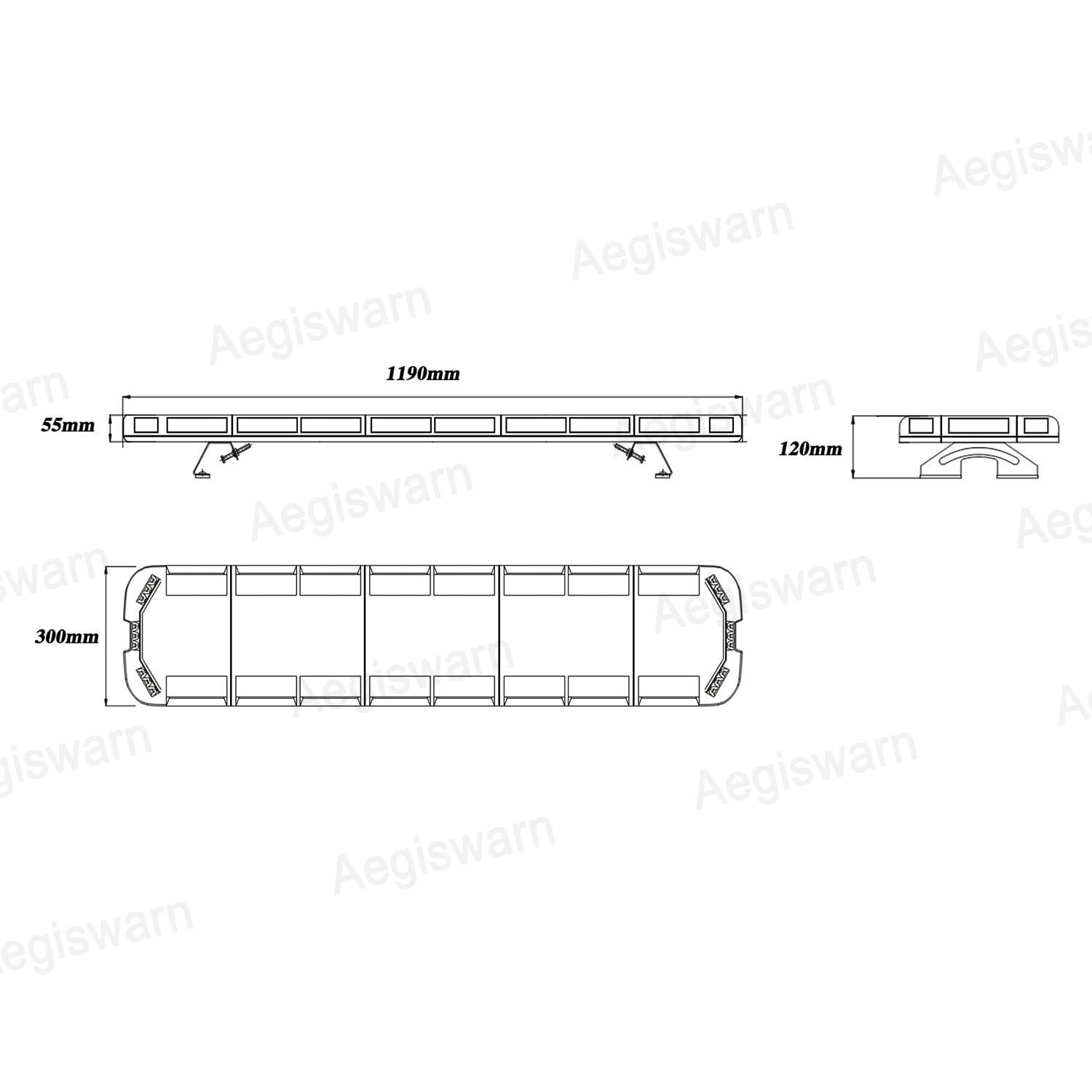 Blue LED Warning Lightbar, AW-819L Aegiswarn emergency light bar technical dimension drawing