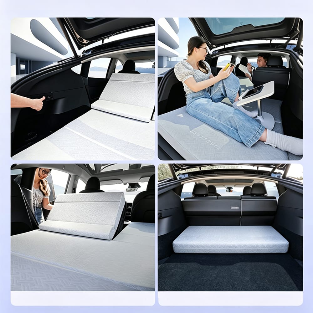 Tesla Model Y Foldable Car Mattress, Fully laid in Model Y rear trunk real usage AW-CM2-STD Aegiswarn in-car photo