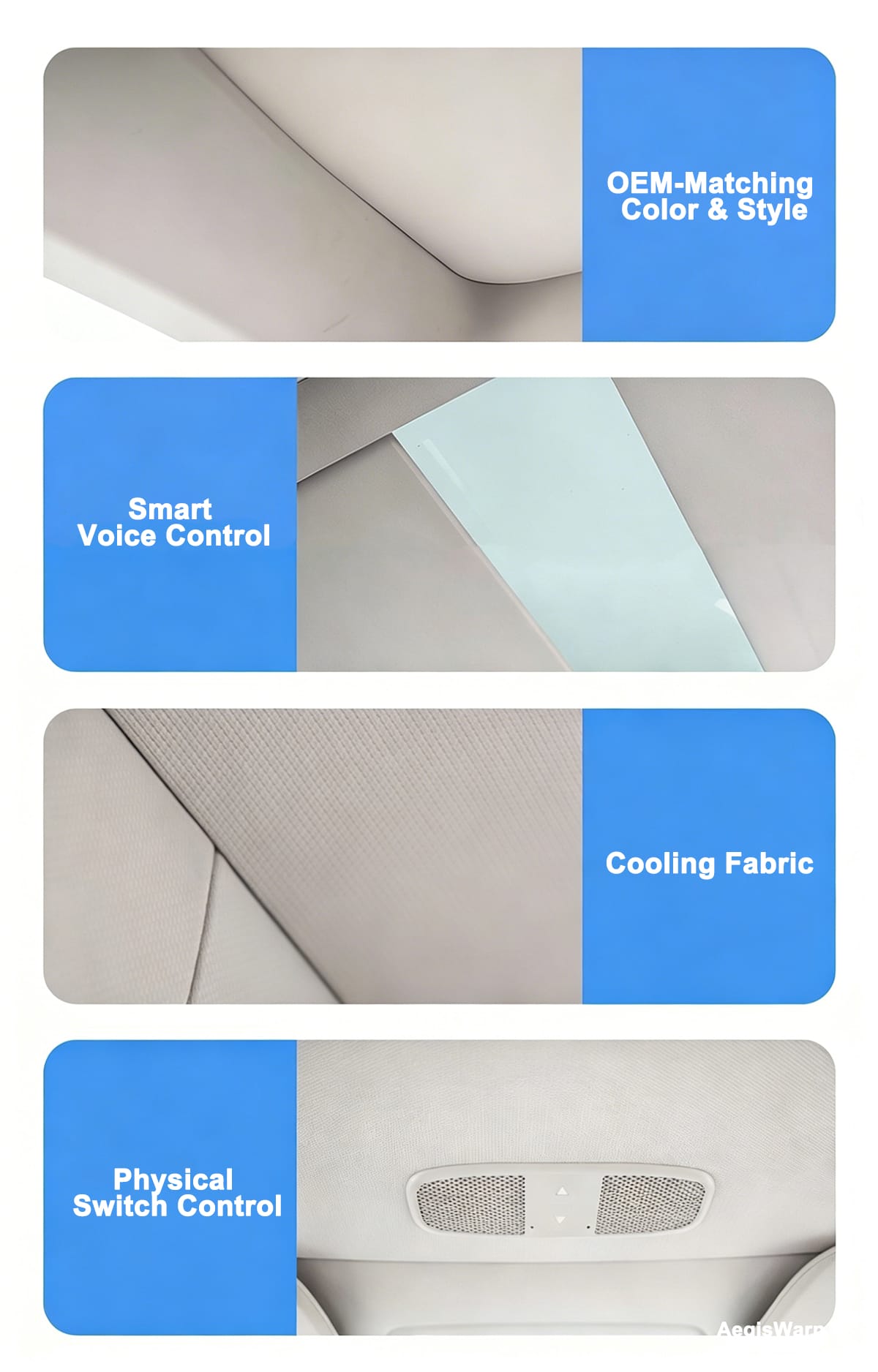 Core features of AegisWarn AW-ES2-TMY-B motorized Tesla Model Y electric sunshade showcasing OEM precision fit and silent operation