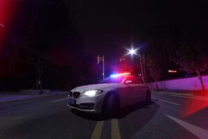 Red Blue LED Emergency Warning Lightbar, Night scene real shot with AW-815L Aegiswarn lightbar fitted on police sedan