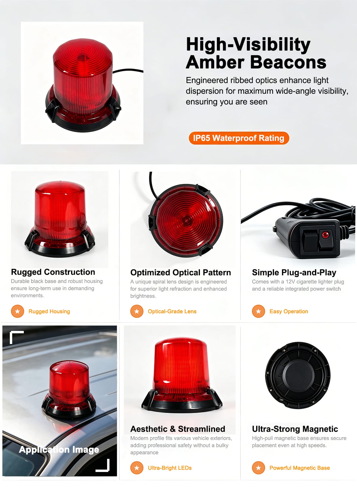 Round LED Low Profile Beacon Warning Light, AW-BL37 Aegiswarn full feature infographic showing side view, top lens view, wiring switch, roof installation, streamlined housing and magnetic base details