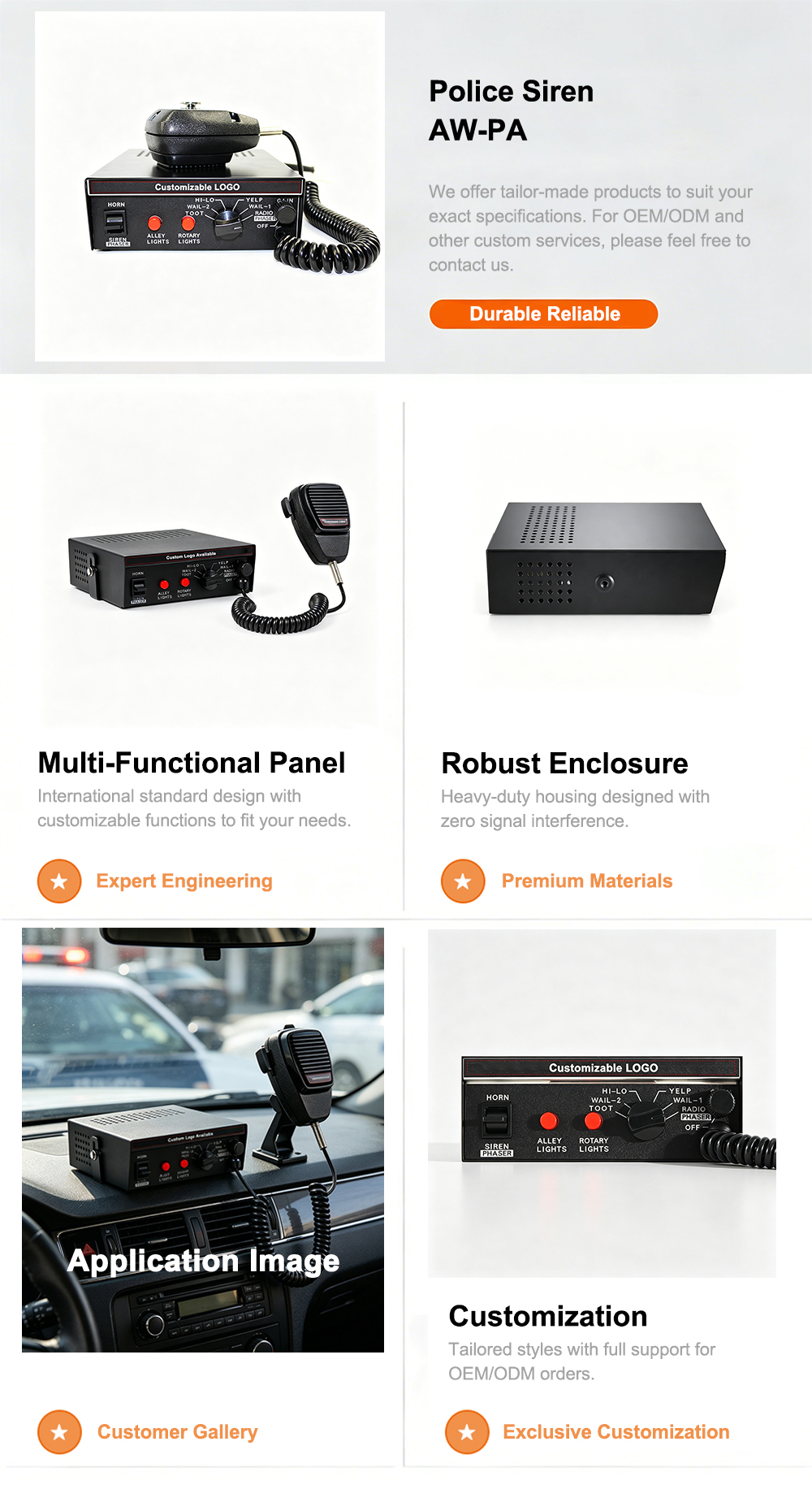 police siren emergency vehicle electronic siren amplifier aw-pa aegiswarn complete product feature infographic