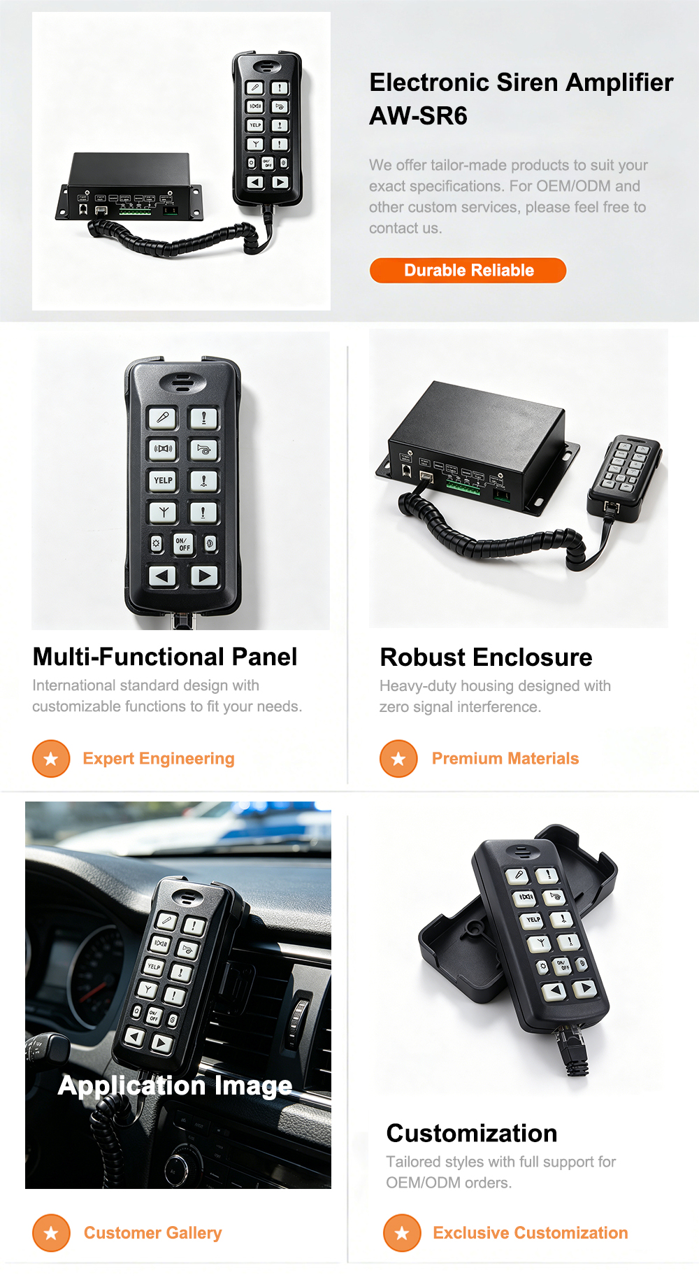 truck warning alarm system electronic siren amplifier aw-sr6 aegiswarn complete technical features layout presentation