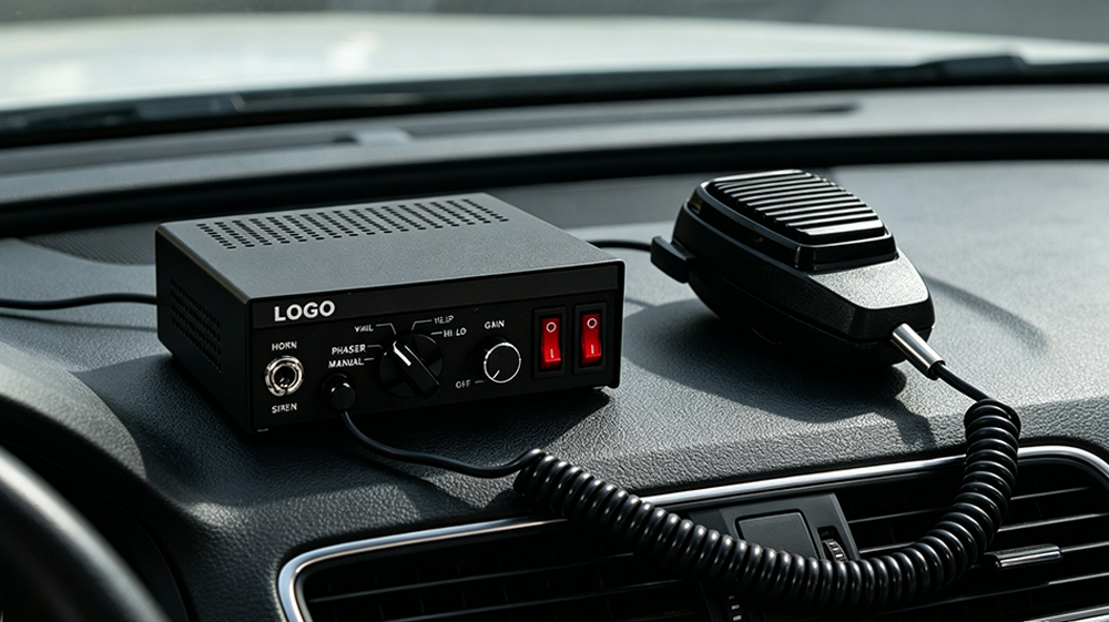 vehicle warning siren aw-pb aegiswarn installed on car dashboard interior application view