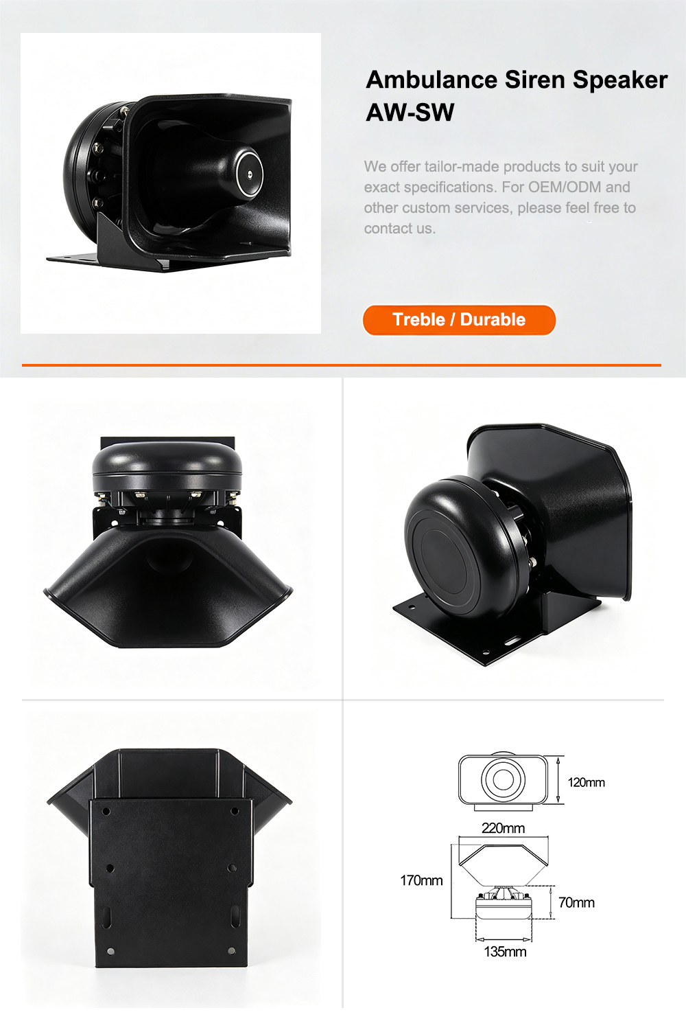 Ambulance siren speaker product detail infographic AW-SW AegisWarn