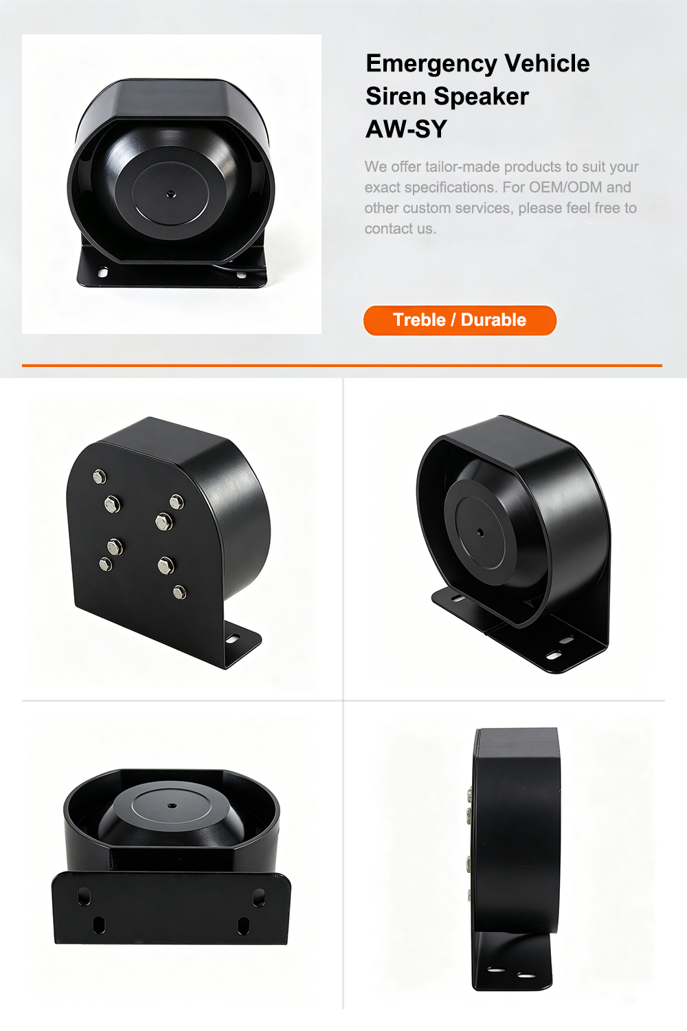 Emergency vehicle siren speaker product detail infographic AW-SY AegisWarn