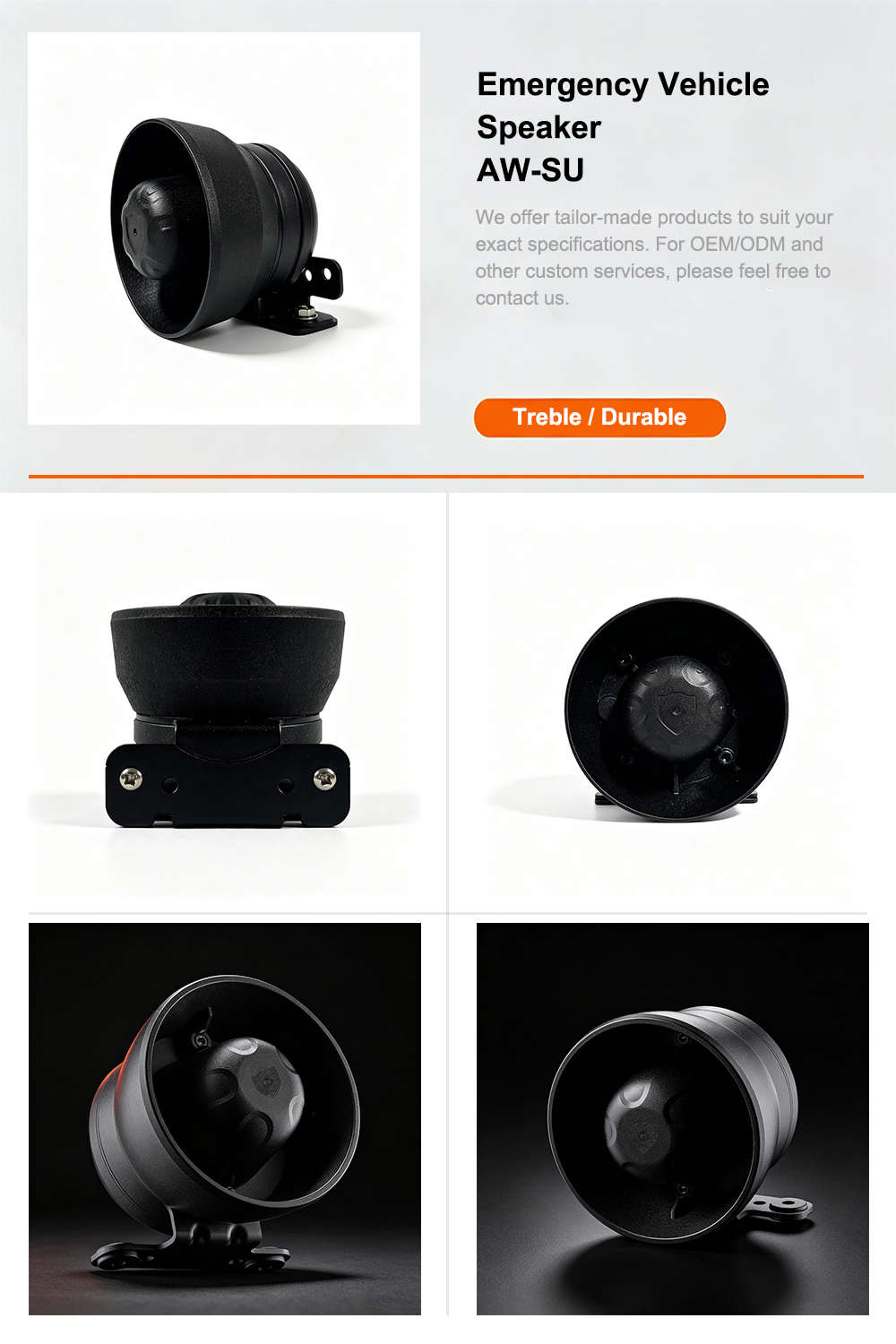 Emergency vehicle speaker product detail infographic AW-SU AegisWarn