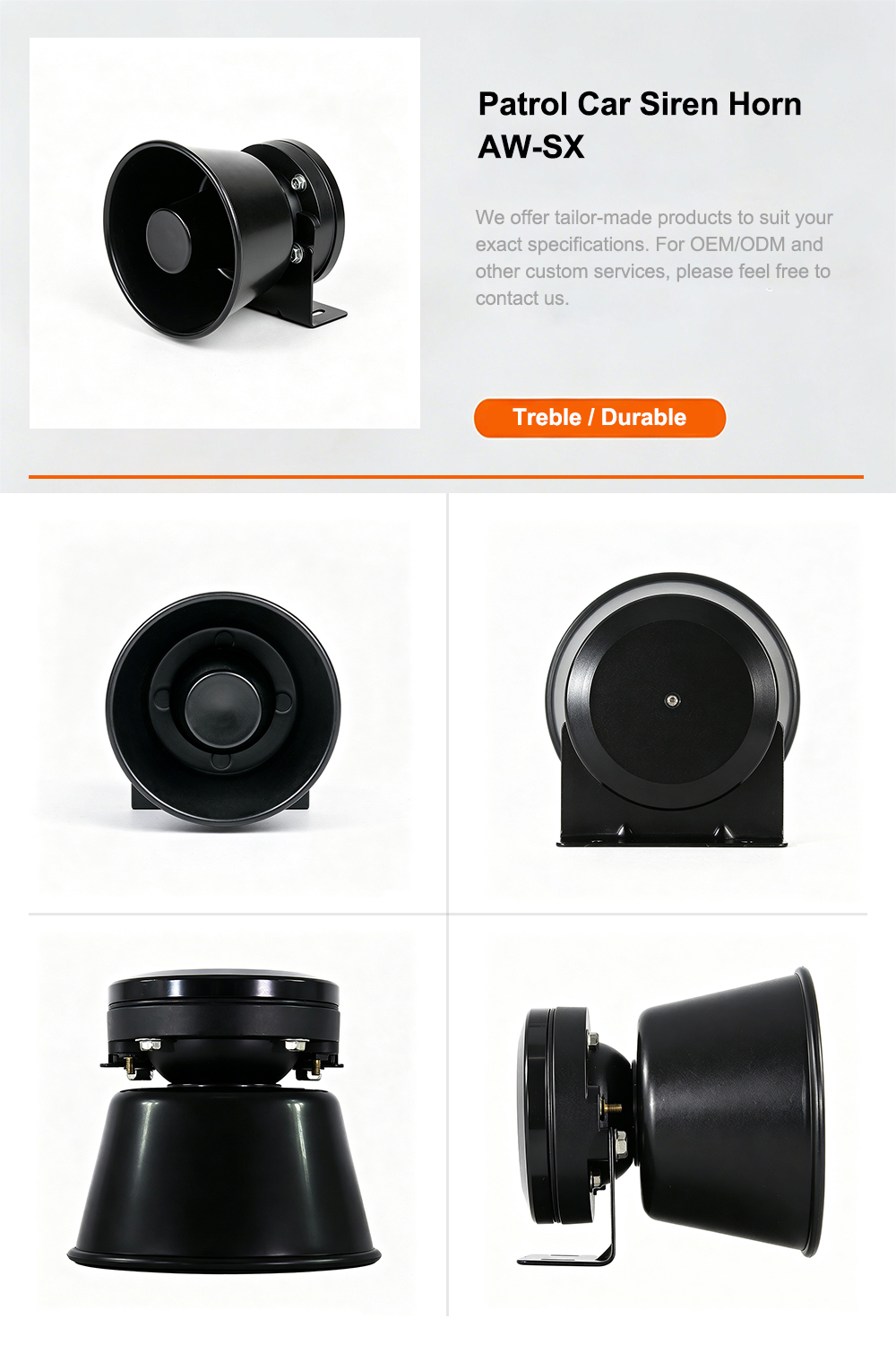 Patrol car siren horn product detail infographic AW-SX AegisWarn