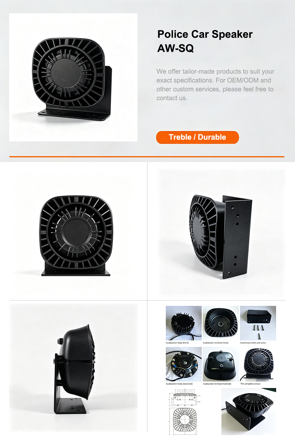Police car speaker product details infographic AW-SQ AegisWarn