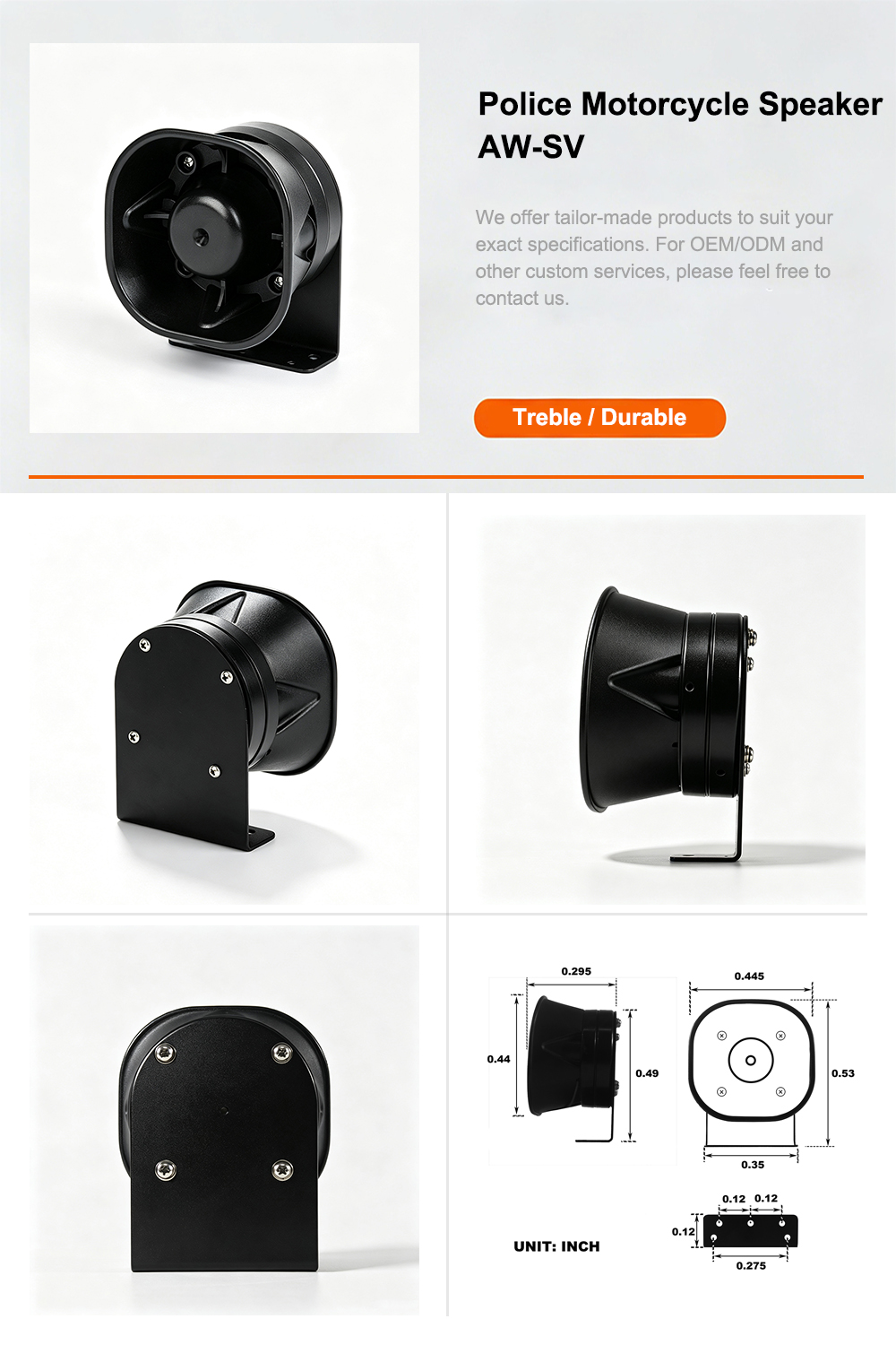 Police motorcycle speaker product detail infographic AW-SV AegisWarn