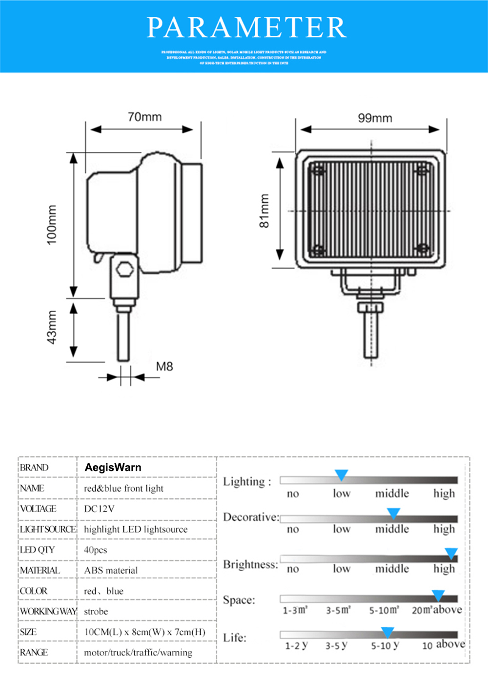 LED Strobe Lights for Motorcycles Dimension Specifications Sheet AW-MSL03 Aegiswarn