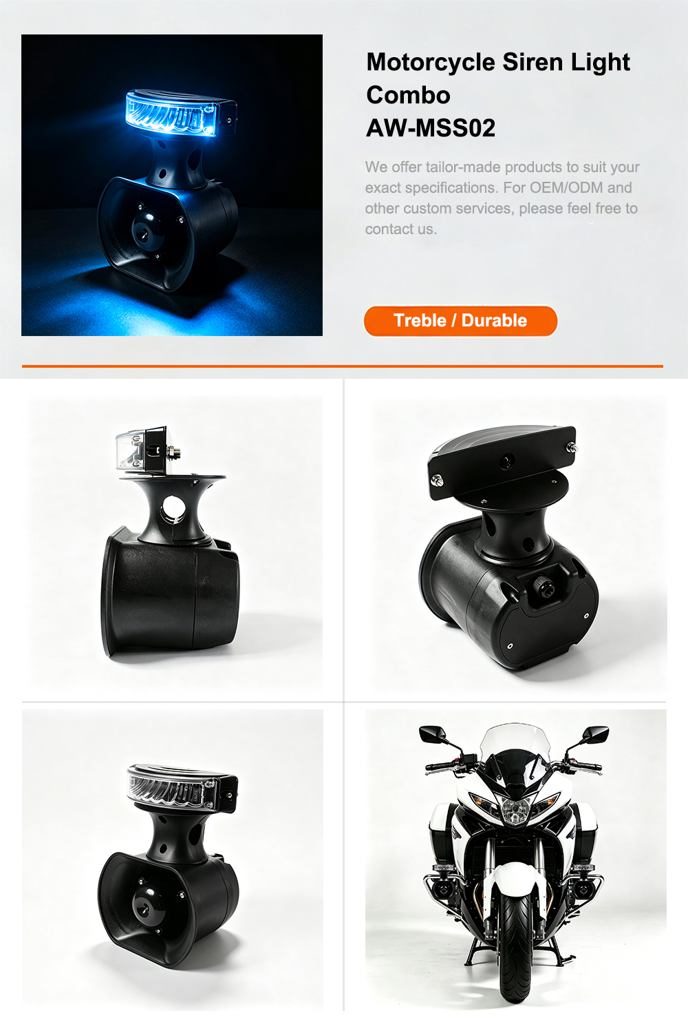 Motorcycle Police Siren with Strobe Light Specification AW-MSS02 Aegiswarn